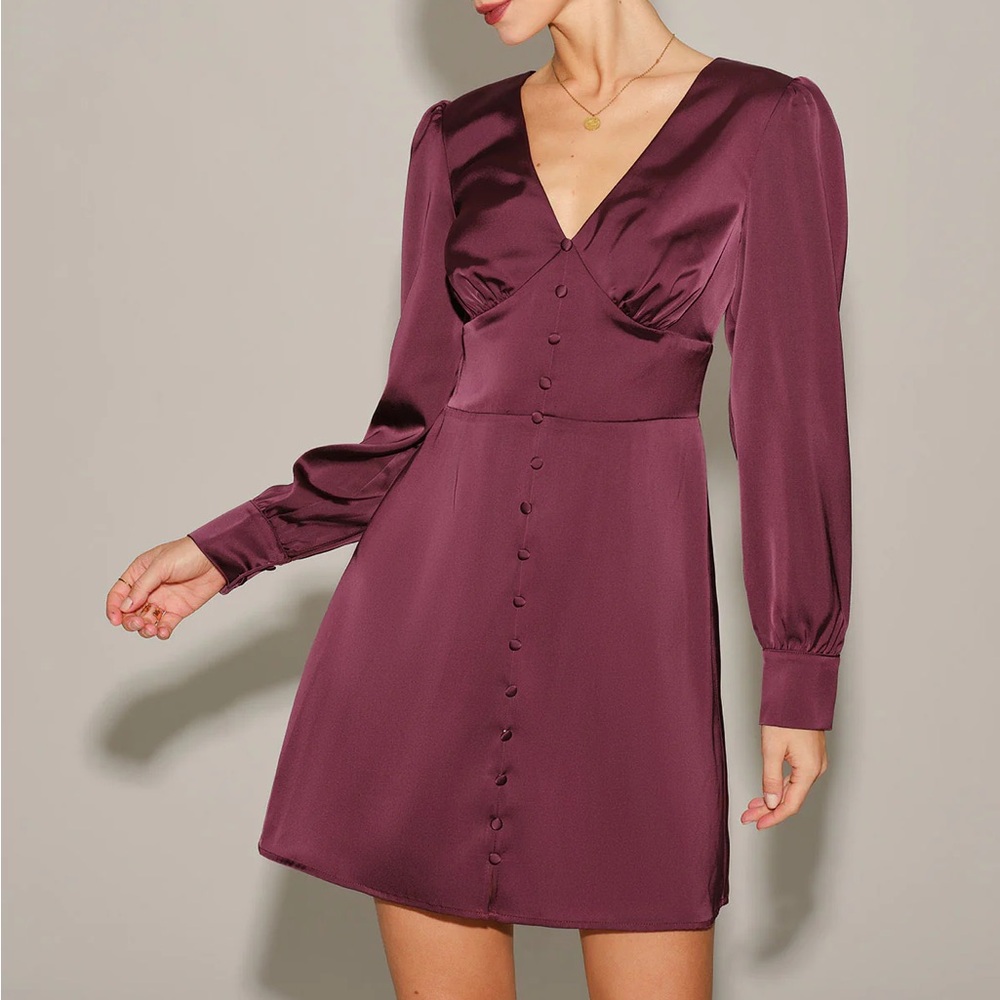 Rihoas Purple Satin V Neck long sleeves Mini Dress